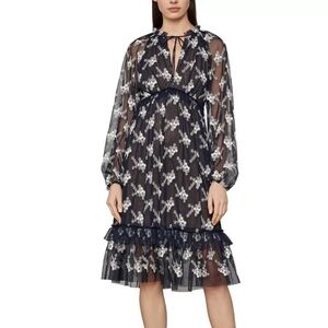 BCBGMAXAZRIA Embroidered Mesh Dress Dark Midnight Blue Floral Ruffle Size XXS